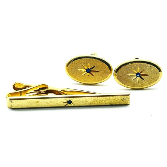 Avon Signed Tie Clasp and Matching Oval Cufflink Set Gold Tone Blue Rhinestone - Picture 1 of 10